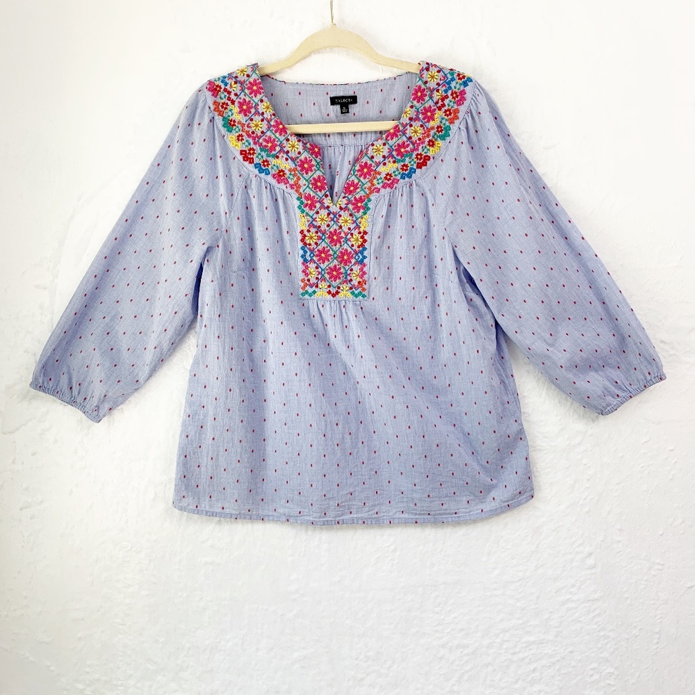 Talbots Floral Embroidered Swiss Dot Chambray 3/4 Sleeve Top Sz M